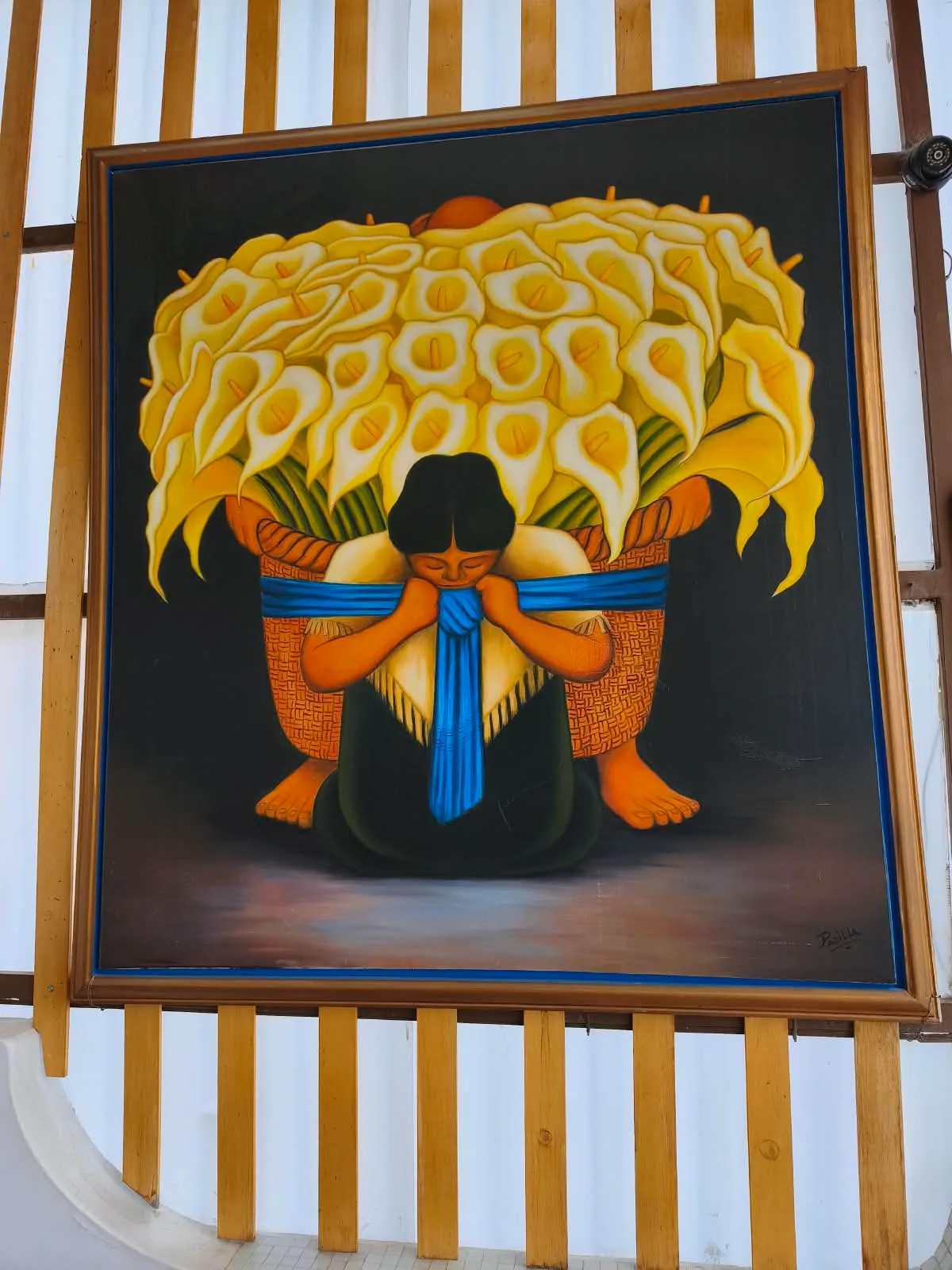 Pintura de personajes andinos bajo flores amarillas